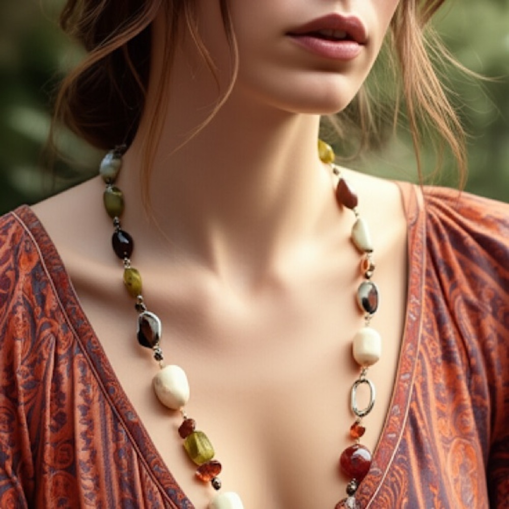 Bohemian Natural Stone Long Line Style‎ Silver Tone Chain Glass Bead Necklace